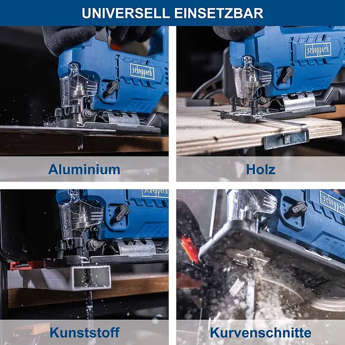 Scheppach IXES 20V Akku-Pendelhubstichsäge C-JS220-X - 20 V, Li-Ionen, Anzahl Akkus: Ohne Akku, Leerlaufhubzahl: 0 /min - 2.400 /min - Blaue Scheppach Stichsäge demonstriert vielseitiges Schneiden von Materialien wie Aluminium, Holz und Kunststoff, einschließlich Kurvenschnitten.