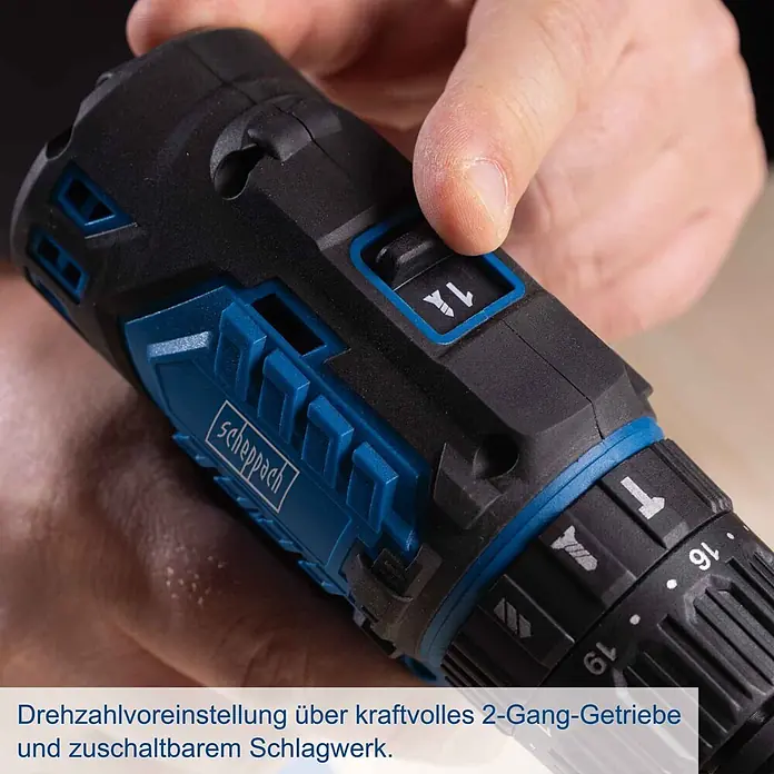 Scheppach IXES 20V Akku-Schlagbohrschrauber BC-CD60-X - 20 V, Ohne Akku, 60 Nm - Hand bedient schwarzen und blauen Scheppach Akkuschrauber mit 2-Gang-Getriebe und zuschaltbarem Schlagwerk.