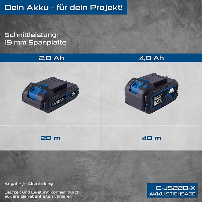 Scheppach IXES 20V Akku-Pendelhubstichsäge C-JS220-X - 20 V, Li-Ionen, Anzahl Akkus: Ohne Akku, Leerlaufhubzahl: 0 /min - 2.400 /min - Zwei schwarze Scheppach Akkus (2,0 Ah und 4,0 Ah) für Akku-Stichsäge mit blauen Details.