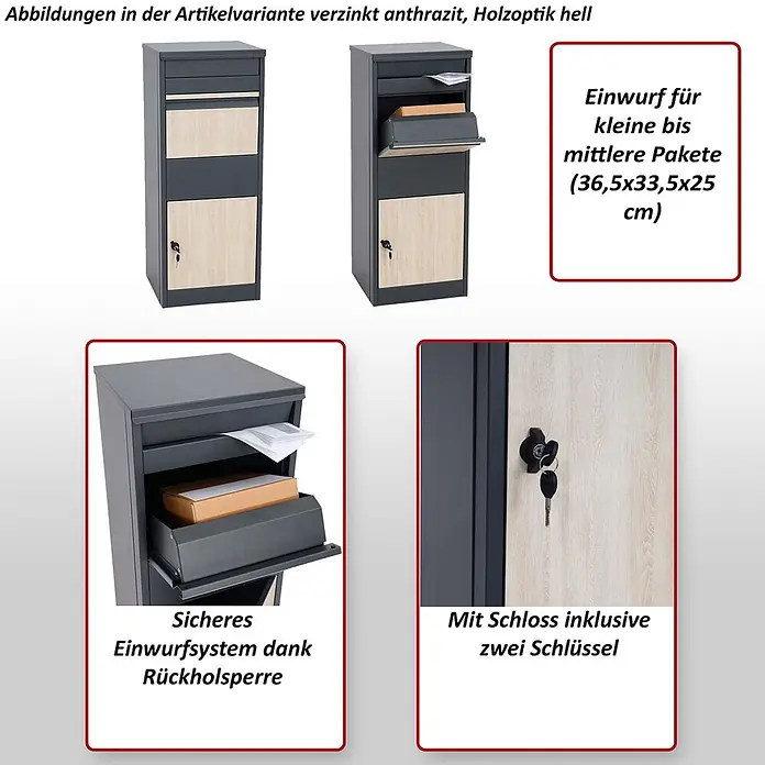 Mendler Paketkasten HWC-G80 Größe L - verzinkt anthrazit -  - Anthrazit-Paketbriefkasten mit heller Holzoptik, sicherem Einwurf und Schloss mit zwei Schlüsseln.