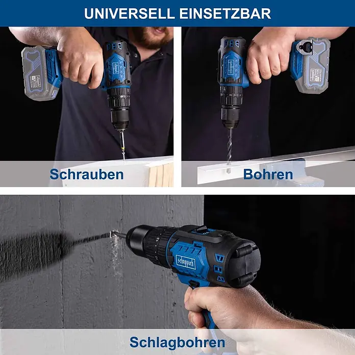 Scheppach IXES 20V Akku-Schlagbohrschrauber BC-CD60-X - 20 V, Ohne Akku, 60 Nm - Blauer und schwarzer Scheppach Akku-Bohrschrauber beim Schrauben, Bohren und Schlagbohren, vielseitig einsetzbar.