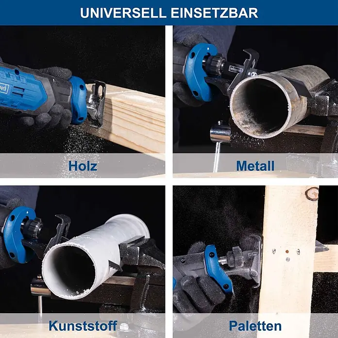 Scheppach IXES 20V Akku-Säbelsäge C-RS100-X - 20 V, Hublänge: 20 mm - Blauer und schwarzer Sägeaufsatz schneidet verschiedene Materialien wie Holz, Metall, Kunststoff und Palettenholz, universell einsetzbar.