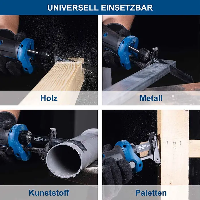 Scheppach IXES 20V Akku-Säbelsäge BC-RS250-X - 20 V, Ohne Akku, Hublänge: 28 mm - Blau-schwarze Säbelsäge schneidet Holz, Metall, Kunststoff und Paletten, was ihre universelle Einsetzbarkeit demonstriert.