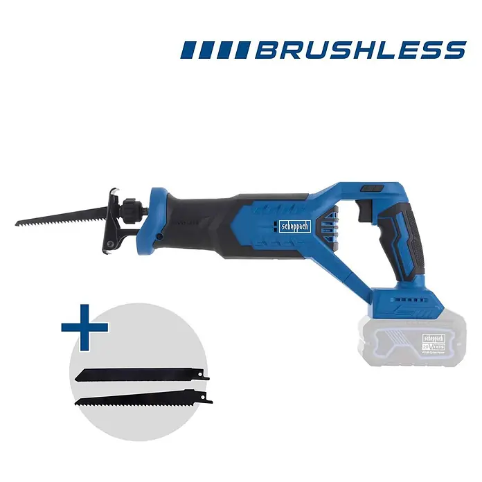 Scheppach IXES 20V Akku-Säbelsäge BC-RS250-X - 20 V, Ohne Akku, Hublänge: 28 mm - Blaue und schwarze Akku-Säbelsäge mit Akku, plus zwei zusätzlichen Sägeblättern.