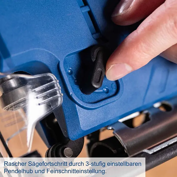 Scheppach IXES 20V Akku-Pendelhubstichsäge C-JS220-X - 20 V, Li-Ionen, Anzahl Akkus: Ohne Akku, Leerlaufhubzahl: 0 /min - 2.400 /min - Blaues Stichsägegerät, dessen schwarzer Hebel für den 3-stufigen Pendelhub eingestellt wird.