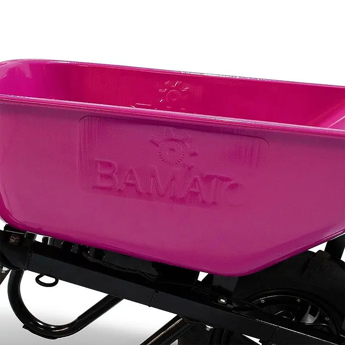 BAMATO Elektro-Schubkarre MTR-155 Pink Edition 150kg 6km/h 75L -  - Pinke Schubkarrenmulde mit BAMATO Logo und Zahnradsymbol.