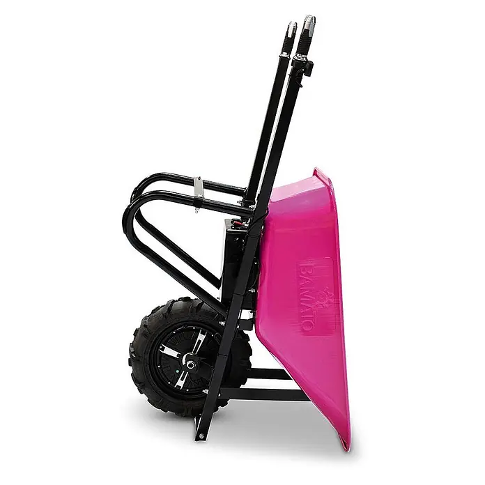 BAMATO Elektro-Schubkarre MTR-155 Pink Edition 150kg 6km/h 75L -  - Seitenansicht einer pinken BAMATO Elektro-Schubkarre mit schwarzem Rahmen und großem Profilrad.