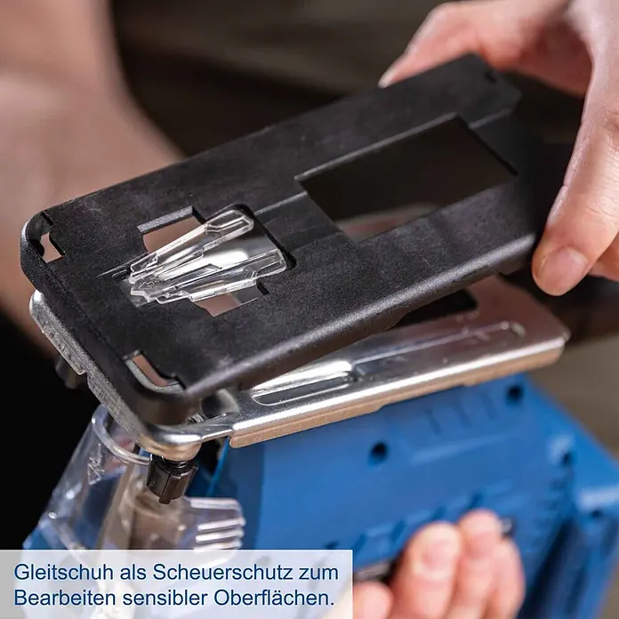 Scheppach IXES 20V Akku-Pendelhubstichsäge C-JS220-X - 20 V, Li-Ionen, Anzahl Akkus: Ohne Akku, Leerlaufhubzahl: 0 /min - 2.400 /min - Schwarzer Kunststoff-Gleitschuh wird auf eine Stichsägen-Grundplatte montiert, dient als Scheuerschutz für empfindliche Oberflächen.