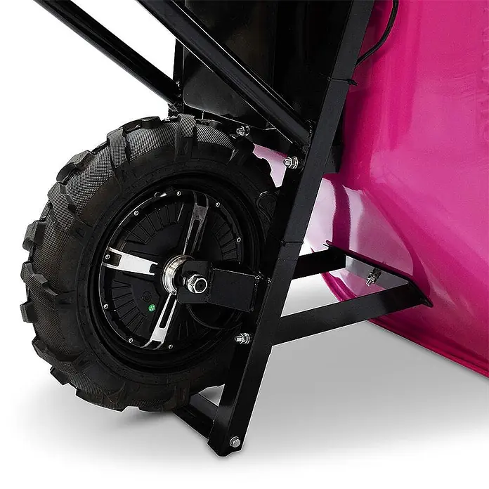 BAMATO Elektro-Schubkarre MTR-155 Pink Edition 150kg 6km/h 75L -  - Nahaufnahme eines schwarzen Antriebsrads mit Profilreifen und schwarzem Rahmen, der eine pinke Wanne hält.