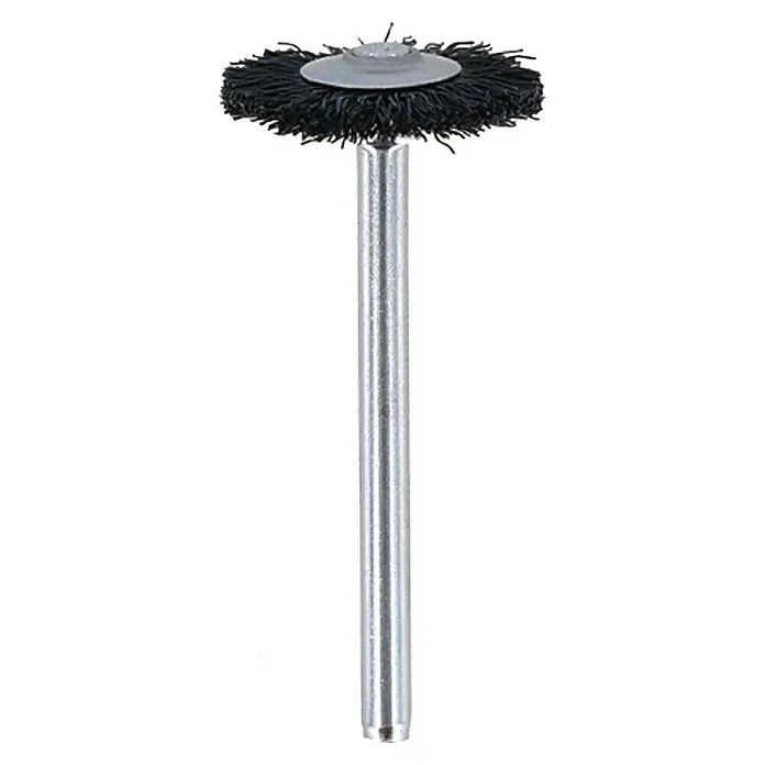Dremel Cepillo de cerdas 403 - Forma cabezal: Disco, 19 mm, 2 ud. - Un primer plano de un cepillo con cabezal negro y un mango plateado, adecuado para usar con taladros.