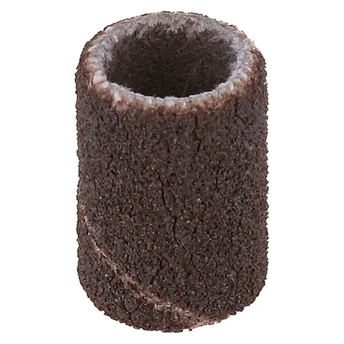 Dremel Schleifband Mod. 438 - Arbeitsdurchmesser: 6,4 mm, Körnung: 120, 6 Stk. - Nahaufnahme einer braunen Schleifhülse für Elektrowerkzeuge, ideal zum Glätten und Polieren verschiedener Oberflächen.
