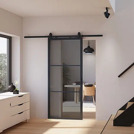 Inova  Glasschiebetür Stahl Loft Grauglas Komplettset 3 Felder schwarz inkl. Softclose