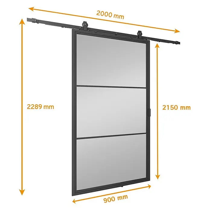 Glasschiebetür Loft Komplettset Grauglas 3 Felder schwarz mit Softclose -  - Schwarz gerahmte Schiebetür mit Glaspaneelen auf schwarzem Schienensystem.