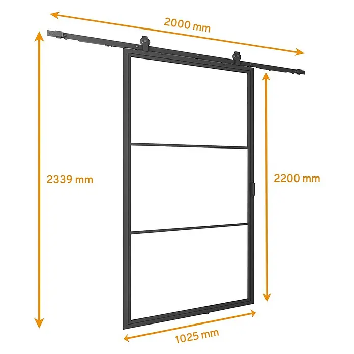 Glasschiebetür Loft Komplettset Klarglas 3 Felder schwarz mit Softclose -  - Schwarze gerahmte Schiebetür mit mehreren Glaspaneelen, montiert an einer oberen Laufschiene.