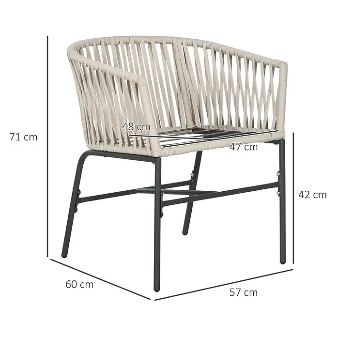 Outsunny Gartenstühle Beige 57L x 60B x 71H cm -  - Beigefarbener Sessel aus geflochtenem Seil mit schwarzen Metallbeinen und Maßen.
