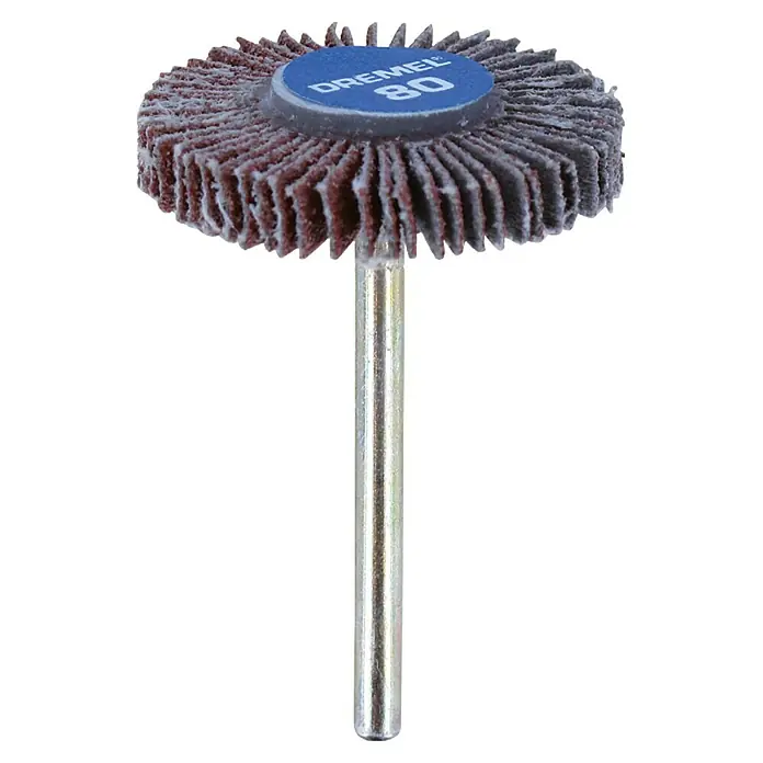 Dremel Schleiffächer Mod. 504Arbeitsdurchmesser: 28,6 mm, Körnung: 80, Arbeitshöhe: 4,8 mm - Abbildung eines Dremel 80 Schleiffächers mit Schaft für Schleifarbeiten.