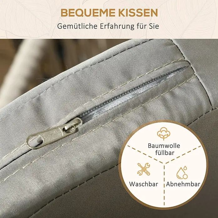 Outsunny Gartenstühle Beige 57L x 60B x 71H cm -  - Nahaufnahme eines hellgrauen Kissenbezugs mit Reißverschluss, der die Waschbarkeit und Abnehmbarkeit hervorhebt.
