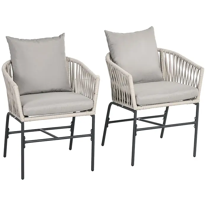 Outsunny Gartenstühle Beige 57L x 60B x 71H cm -  - Zwei Outdoor-Sessel mit hellgrauem Seilgeflecht, dunkelgrauen Metallrahmen und hellgrauen Sitz- und Rückenkissen.