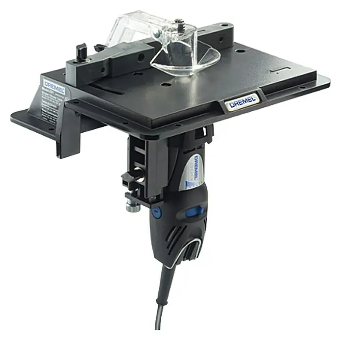 Dremel Accesorio para fresar por inmersión - Específico para fresadora de inmersión Dremel 335, Accesorio para fresar, guía de bordes, guía circular, guía de plantilla, llave - Primer plano de una herramienta rotativa Dremel con accesorio de mesa de fresado, ideal para fresar con precisión piezas pequeñas.
