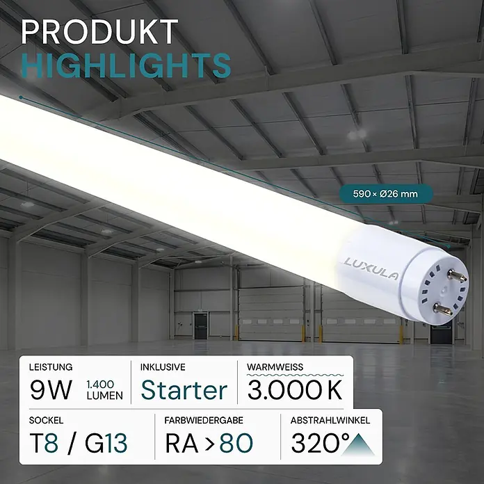 Luxula LED-Röhre Profi T8 60cm 9W 1400lm Warmweiß 3000K 160lm/W -  - Weiße LUXULA LED-Röhre, leuchtend in einer Lagerhalle, mit Produktspezifikationen.