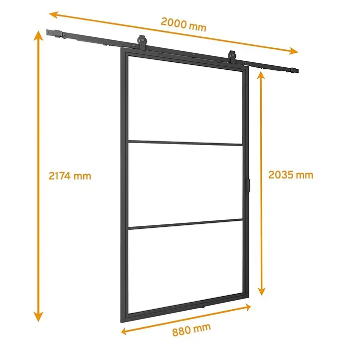 Glasschiebetür Loft Komplettset Klarglas Schwarz mit Softclose 880x2035 -  - Schwarz gerahmte Glasschiebetür mit Laufschiene, Maße 2000x2174 mm.