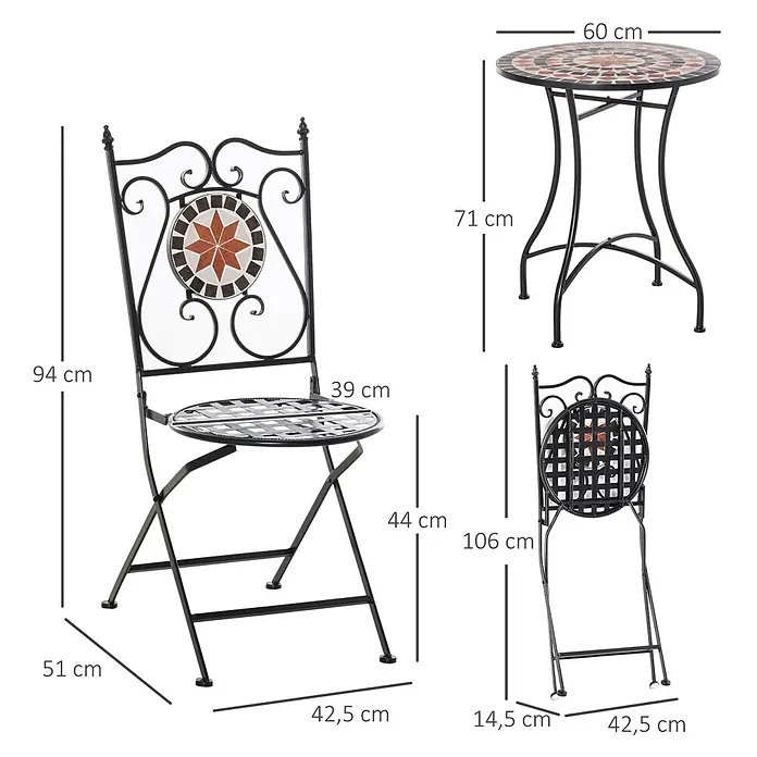 Outsunny Gartenmöbel-Set Mehrfarbing Ф60 x 71H cm -  - Bistro-Set mit rundem Mosaiktisch und Klappstuhl, schwarzen Metallrahmen und farbigen Mosaikmustern.