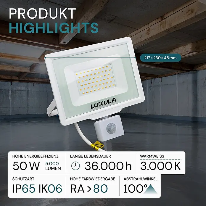 Luxula LED-Sensor-Strahler - 50 W, 5.000 lm, 3.000 K, IP65 - Weißer LED-Strahler mit Bewegungssensor, zeigt Specs: 50W, 5000 Lumen, IP65, 3000K warmweiß.