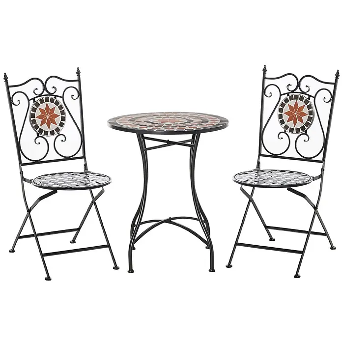 Outsunny Gartenmöbel-Set Mehrfarbing Ф60 x 71H cm -  - Schwarzmetall-Bistroset mit Mosaiktisch und zwei Stühlen, mit geometrischem Sternmuster.