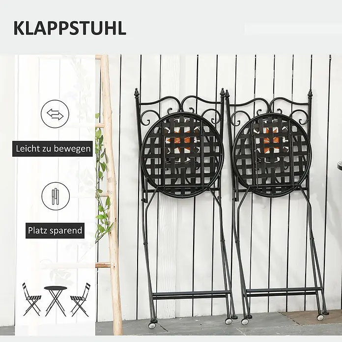 Outsunny Gartenmöbel-Set Mehrfarbing Ф60 x 71H cm -  - Zwei schwarze Metall-Klappstühle, zusammengeklappt und angelehnt, zeigen ihr platzsparendes Design.