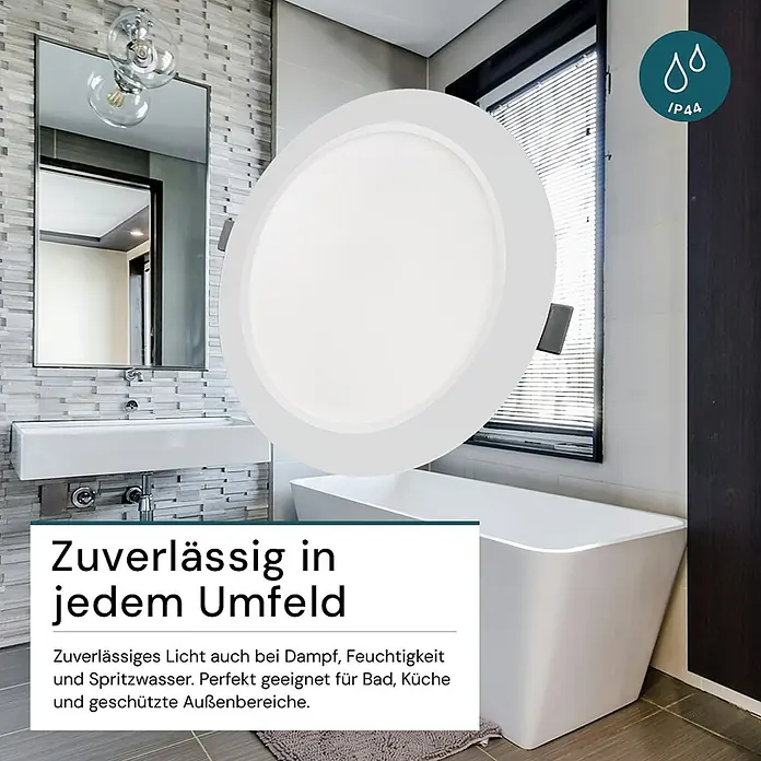 Luxula Einbauleuchte LED 6W IP44-Geschützt 600lm Lichtfarbe Einstellbar CCT -  - Weißes rundes LED-Panel in einem Badezimmer, hervorgehoben für zuverlässigen Einsatz in feuchten Umgebungen mit IP44-Schutz.