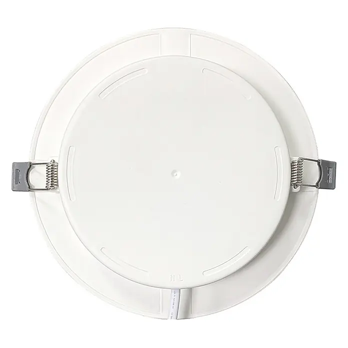 Luxula Einbauleuchte LED 12W IP44-Geschützt 1200lm Lichtfarbe Einstellbar -  - Weiße runde LED-Einbauleuchte, Rückansicht mit Montagefedern und Anschlusskabel.