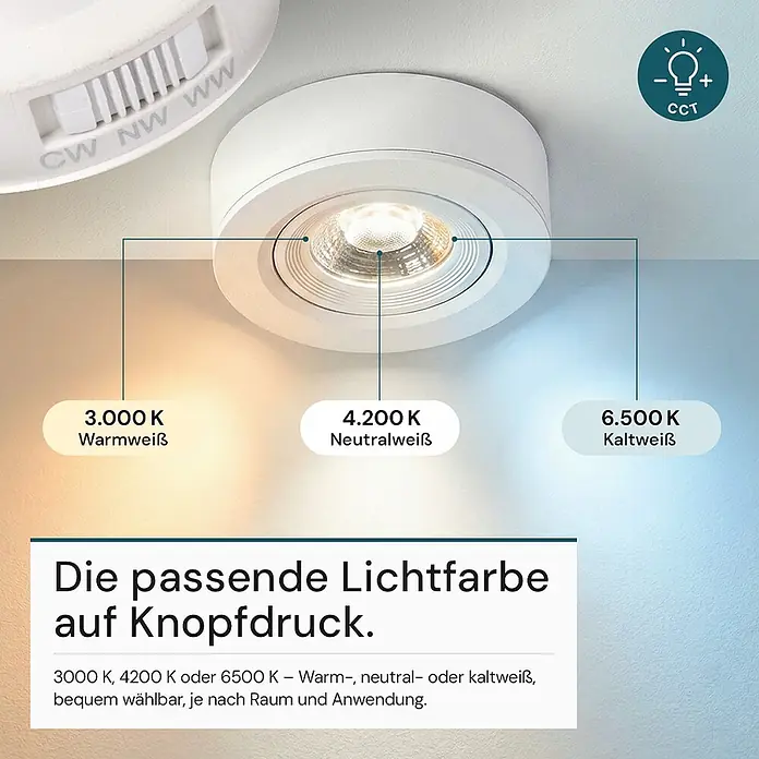Luxula Wand- & Deckenspot LED Einbauspot Ø75mm CCT Farbwahl Warm- Kaltweiß -  - Ein weißer Einbau-LED-Spotlight mit einstellbarer Lichtfarbe (Warmweiß, Neutralweiß, Kaltweiß) über einen Schalter.