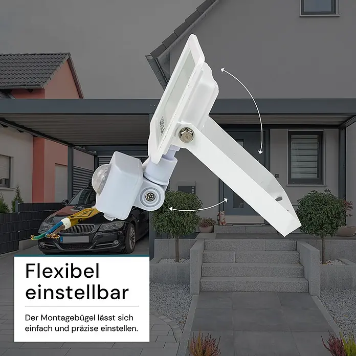 Luxula LED-Sensor-Strahler Bewegungsmelder 10W 1000lm Fluter 3000K Warmweiß -  - Weißer LED-Fluter mit verstellbarem Bewegungsmelder und Montagebügel, an einem Hauseingang.