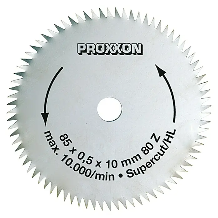 Proxxon Kreissägeblatt Super-Cut No 28731 - 85 mm, Bohrung: 10 mm, Anzahl Zähne: 80 Stk. - Proxxon Supercut/HL Kreissägeblatt, 85 x 0,5 x 10 mm, 80 Zähne, max. 10.000/min für präzise Schnitte.