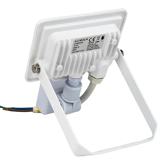Luxula LED-Sensor-Strahler Bewegungsmelder 10W 1000lm Fluter 4000K -  - Weißer LED-Fluter mit verstellbarer Halterung und elektrischer Verkabelung.