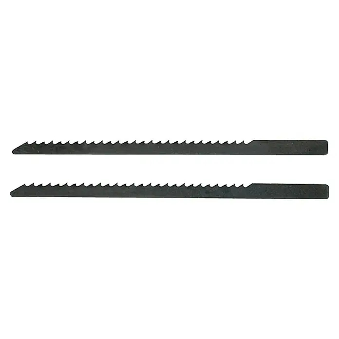 Proxxon Stichsägeblatt-Set 28054 - Spezialstahl, 57 x 2,9 mm - Das Bild zeigt zwei Stichsägeblätter mit gezahnten Kanten zum Schneiden verschiedener Materialien.