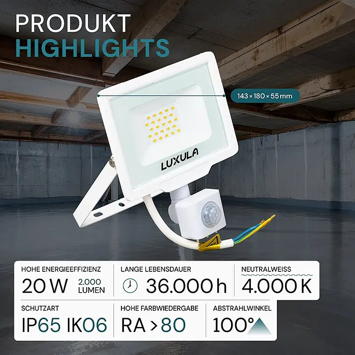Luxula LED-Sensor-Strahler Bewegungsmelder 20W 2000lm Fluter 4000K -  - Weißer, rechteckiger LED-Flutlichtstrahler mit Bewegungsmelder, in einer Kellerumgebung gezeigt.