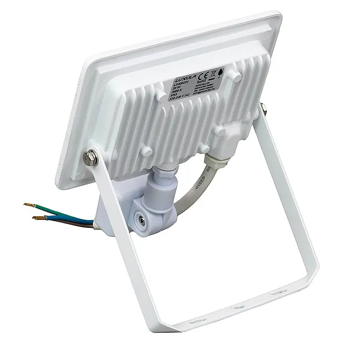 Luxula LED-Sensor-Strahler Bewegungsmelder 20W 2000lm Fluter 4000K -  - Weißer LED-Fluter, Rückansicht, mit geripptem Gehäuse, verstellbarer Halterung und freiliegenden Kabeln.