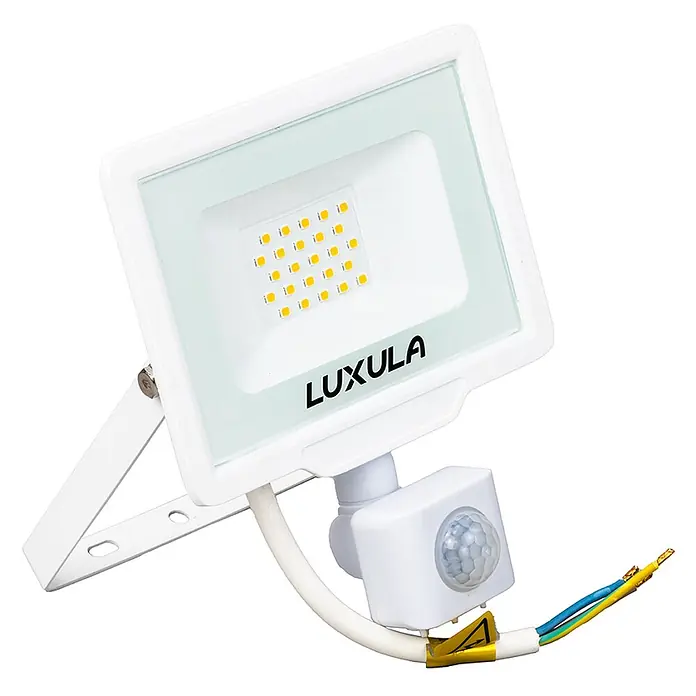 Luxula LED-Sensor-Strahler Bewegungsmelder 20W 2000lm Fluter 4000K -  - Weißer LED-Flutstrahler mit integriertem Bewegungssensor und freiliegenden elektrischen Leitungen. Verfügt über gelbe LEDs und ein weißes Gehäuse.