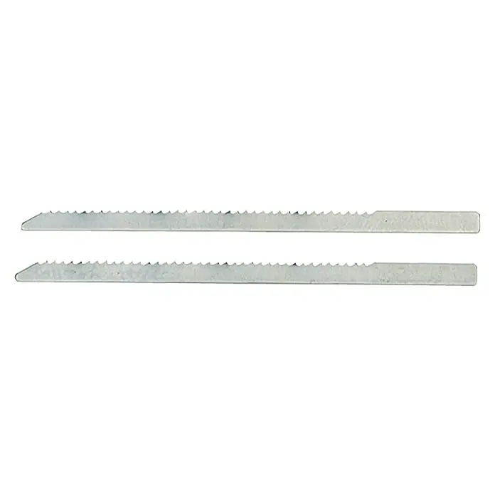 Proxxon Stichsägeblatt-Set 28056 - HS-Stahl, 57 x 2,9 mm - Abbildung von zwei Stichsägeblättern, die sich ideal zum Schneiden von Holz und anderen Materialien eignen.