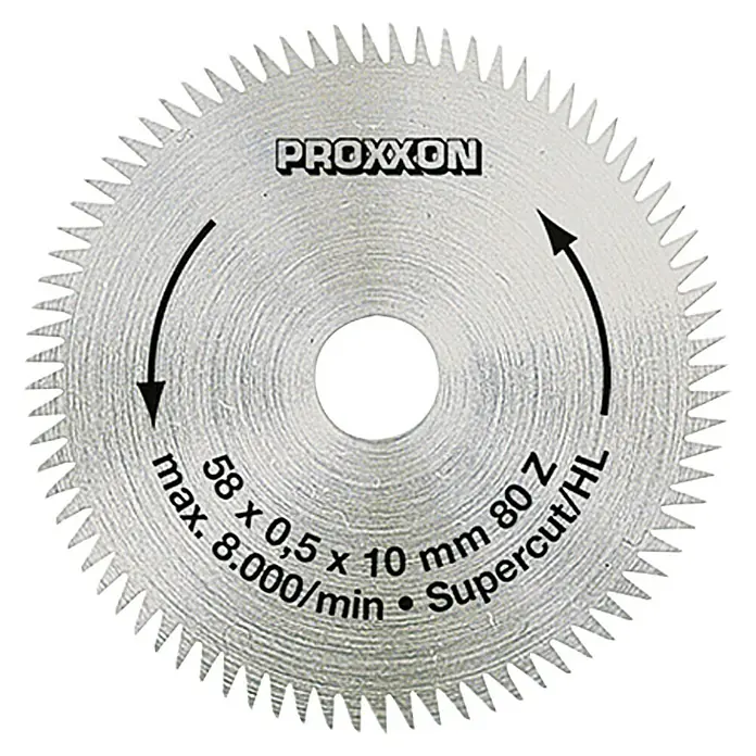 Proxxon Disco de sierra Super Cut n.º 28014 - 58 mm, Orificio: 10 mm, Número de dientes: 80 ud. - La imagen muestra un disco de corte Proxxon, 58 x 0,5 x 10 mm, con 80 dientes y designación "Supercut/HL" para cortes precisos.