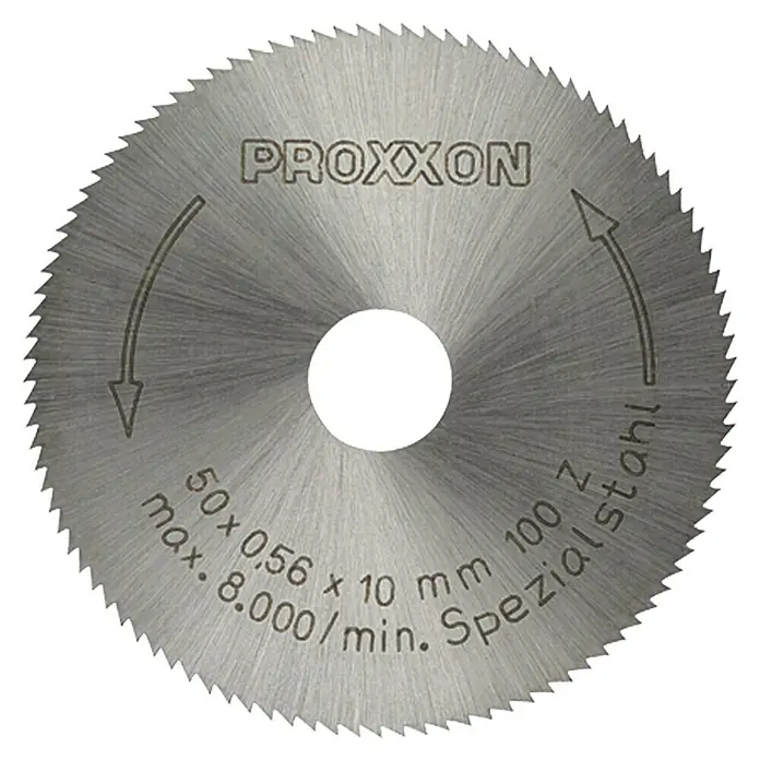 Proxxon Kreissägeblatt 28020 - 50 mm, Bohrung: 10 mm, Anzahl Zähne: 100 Stk. - Abbildung einer PROXXON Trennscheibe aus Spezialstahl mit 50 x 0,56 x 10 mm, 100 Z, max. 8.000/min, zur Verwendung mit PROXXON Werkzeugen.