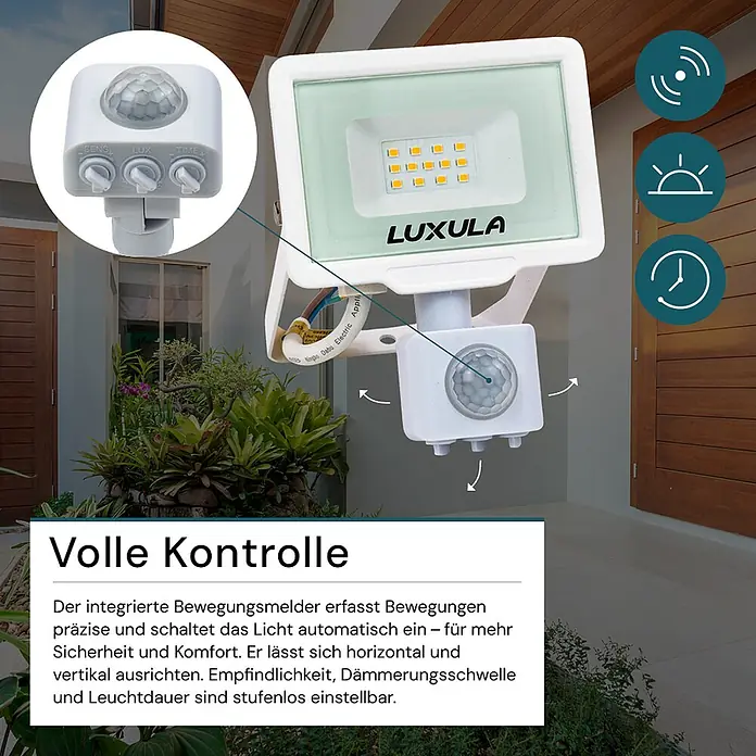 Luxula LED-Sensor-Strahler Bewegungsmelder 10W 1000lm Fluter 3000K Warmweiß -  - Weißer LUXULA LED-Strahler mit integriertem, einstellbarem Bewegungsmelder (SENS, LUX, TIME) für automatische Außenbeleuchtung.