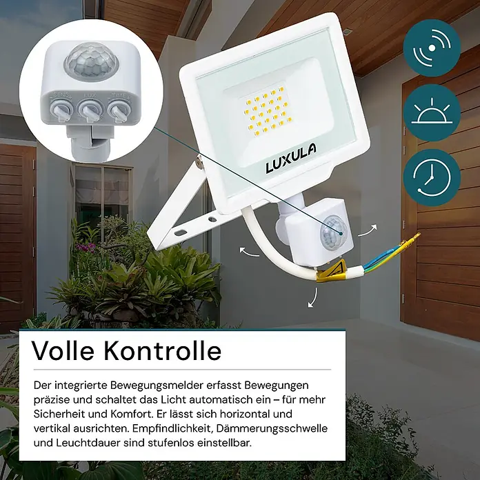 Luxula LED-Sensor-Strahler Bewegungsmelder 20W 2000lm Fluter 3000K Warmweiß -  - Weißer LED-Fluter mit verstellbarem Bewegungsmelder, an einer Außenwand montiert. Der Sensor hat Regler für Empfindlichkeit, Helligkeit und Leuchtdauer.