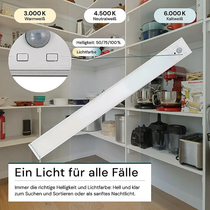 Luxula LED-Unterbauleuchte - Lichtfarbe: Mehrfarbig, 4 W - Weiße LED-Lichtleiste im Vorratsschrank, zeigt einstellbare Helligkeit und Farbtemperatur.