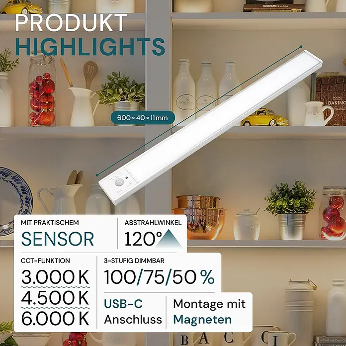 Luxula LED-Unterbauleuchte - Lichtfarbe: Mehrfarbig, 4 W - Weiße LED-Unterschrankleuchte mit Bewegungssensor, USB-C-Ladeanschluss und Magnetbefestigung, in einem Küchenregal.