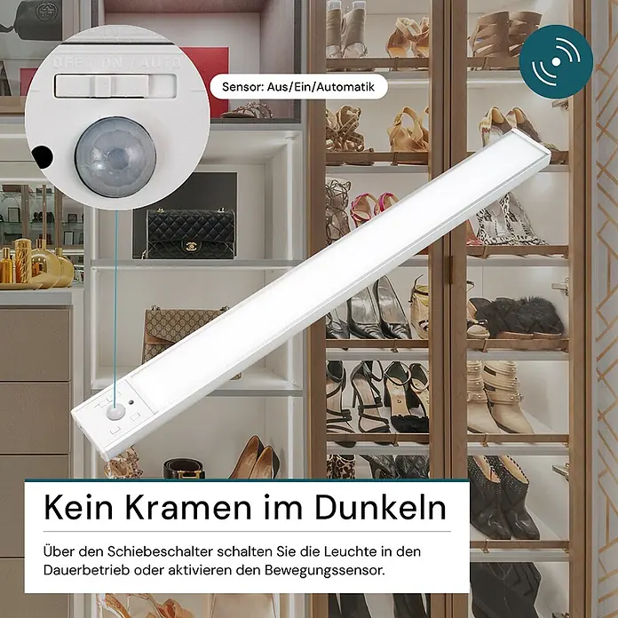 Luxula LED-Unterbauleuchte - Lichtfarbe: Mehrfarbig, 4 W - Weiße LED-Lichtleiste mit Bewegungssensor, die einen Kleiderschrank mit Schuhen und Taschen beleuchtet. Verfügt über einen Schiebeschalter für Aus/Ein/Automatik.