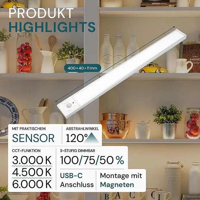 Luxula LED-Unterbauleuchte - Lichtfarbe: Mehrfarbig, 3 W - Weiße LED-Unterbauleuchte mit Bewegungssensor und USB-C, magnetisch an Küchenregal montiert.