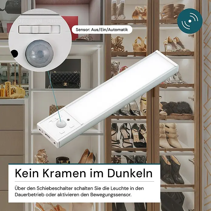 Luxula LED-Unterbauleuchte - Lichtfarbe: Mehrfarbig, 2 W - Weißer LED-Lichtbalken mit Bewegungssensor und Schiebeschalter (AUS/EIN/AUTOMATIK) beleuchtet einen Schrank. Sorgt für Licht bei Bedarf oder dauerhaft.