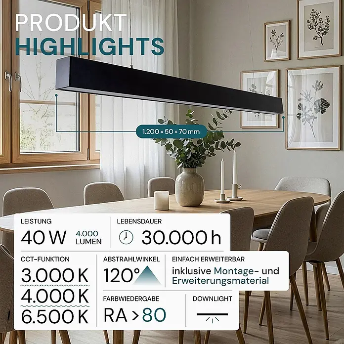 Luxula LED-Pendelleuchte Tresenleuchte Erweiterbar 40W 4000lm Büroleuchte -  - Lange, schwarze LED-Pendelleuchte über einem modernen Esstisch.